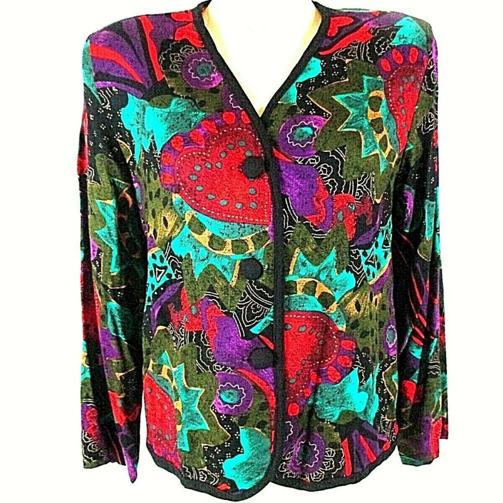 Christine David Women's 12 Green Red Black 3 Button Down Top Blouse (C)pm1